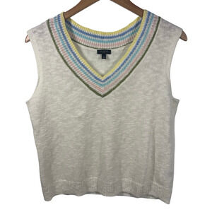 Talbots Vest Women Small P Cream Linen Cotton Spring Colorful Stripes Easter Top